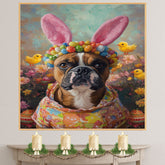 Easter Charm: Boxer Dog Posing in a Festive Spring Outfit on Artistic Canvas Wrap, Framed Print, or Rolled Artwork